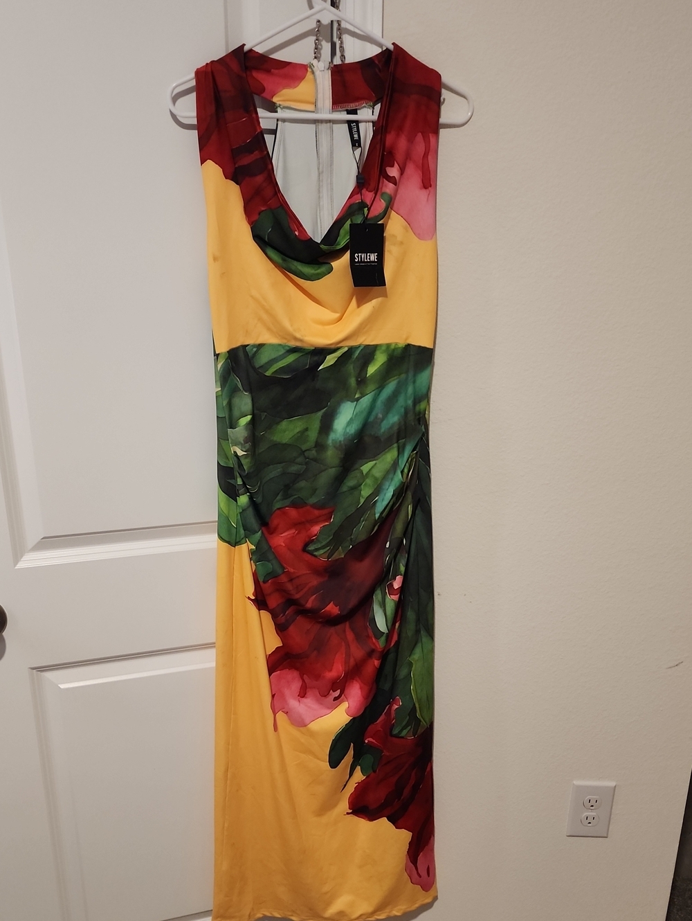 STYLEWE Yellow Maxi Dress with Red and Green Floral Print